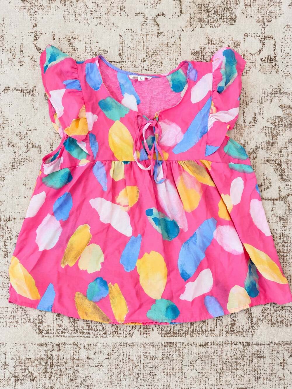 MINE Women's Pink Brush Stroke Abstract Print Flutter Sleeve Tie Front Top